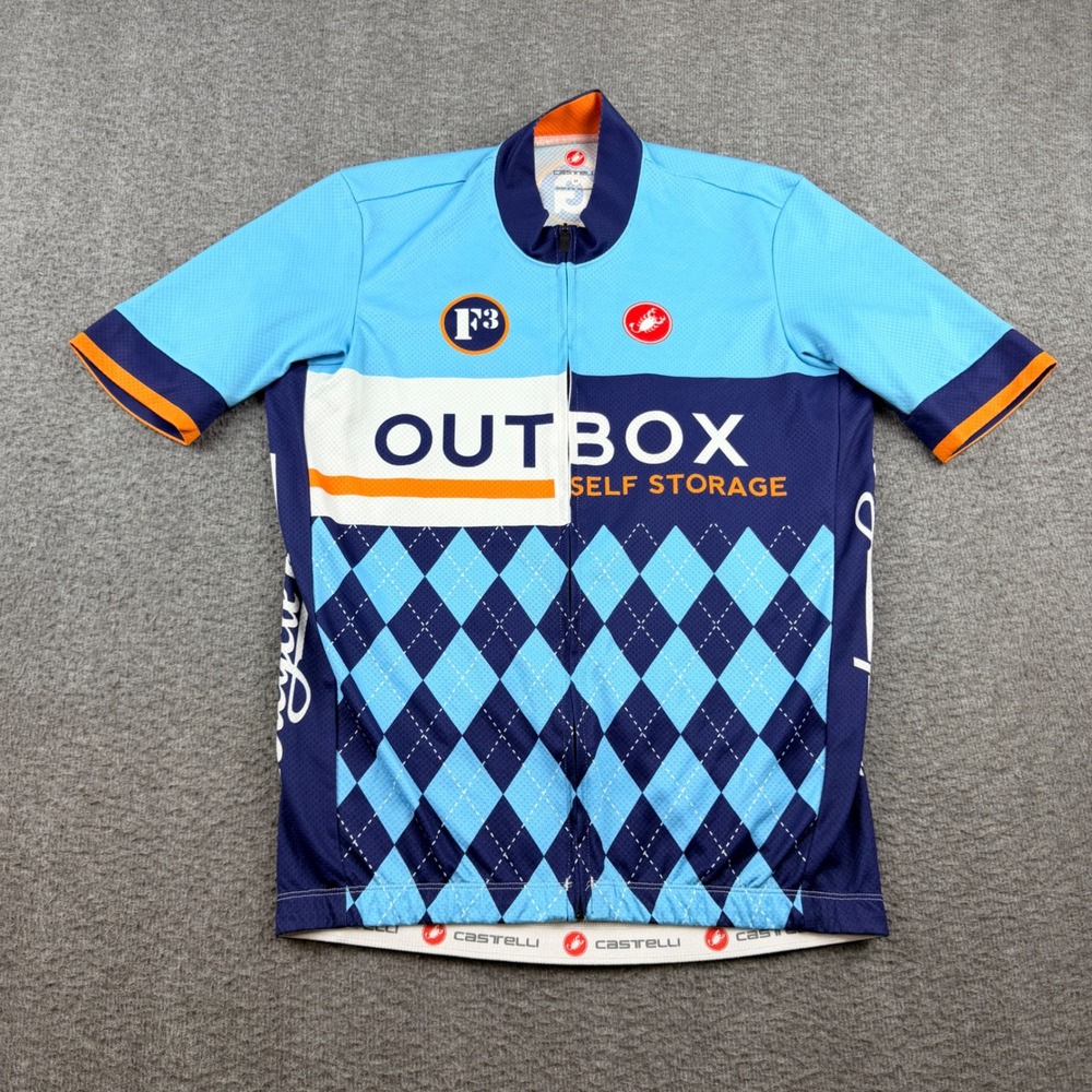 Castelli Outbox Self Storage Cycling Jersey Men's M Medium Blue Argyle Full Zip